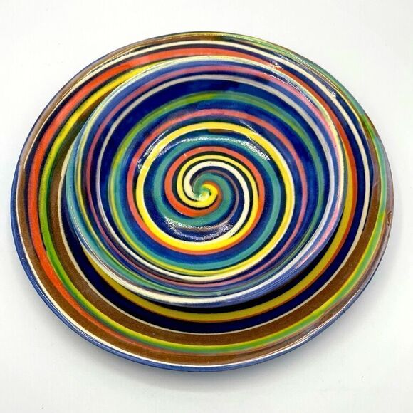 Earthworks Barbados WestIndies Red Clay Pottery Blue Multi Swirl Bowl & Plate - Picture 3 of 16